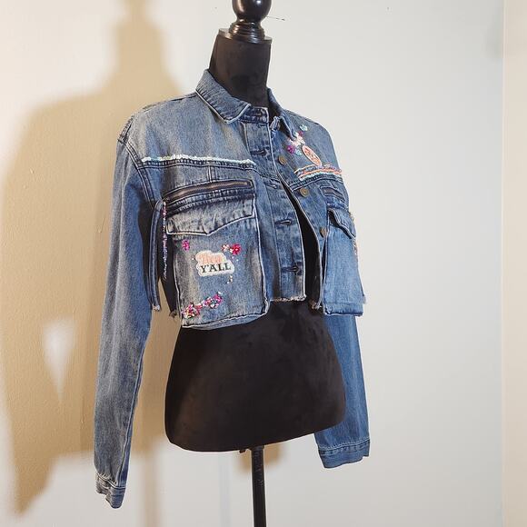 CUSTOM NWT Embroidered Western Denim Cargo Jacket, Size Large - Picture 6 of 14